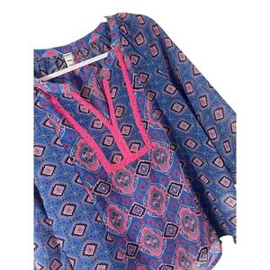 Medium Old Navy Blouse Boho Peasant Top Shirt Pink Blue Geometric Women Loose